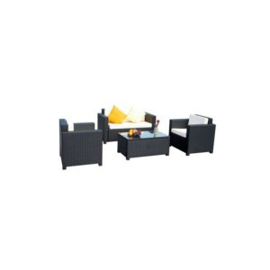 Salon de jardin complet en résine tressée avec canapé, fauteuils et table basse en location pour événements