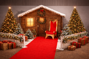 Décor chalet du Père Noël en bois avec tapis rouge, trône et sapins lumineux – location événementielle Noël
